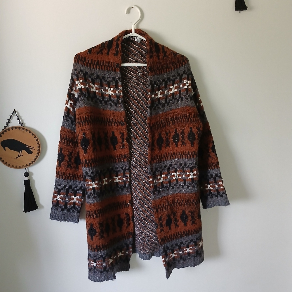 Aztec Style Acrylic Open Cardigan With Pockets